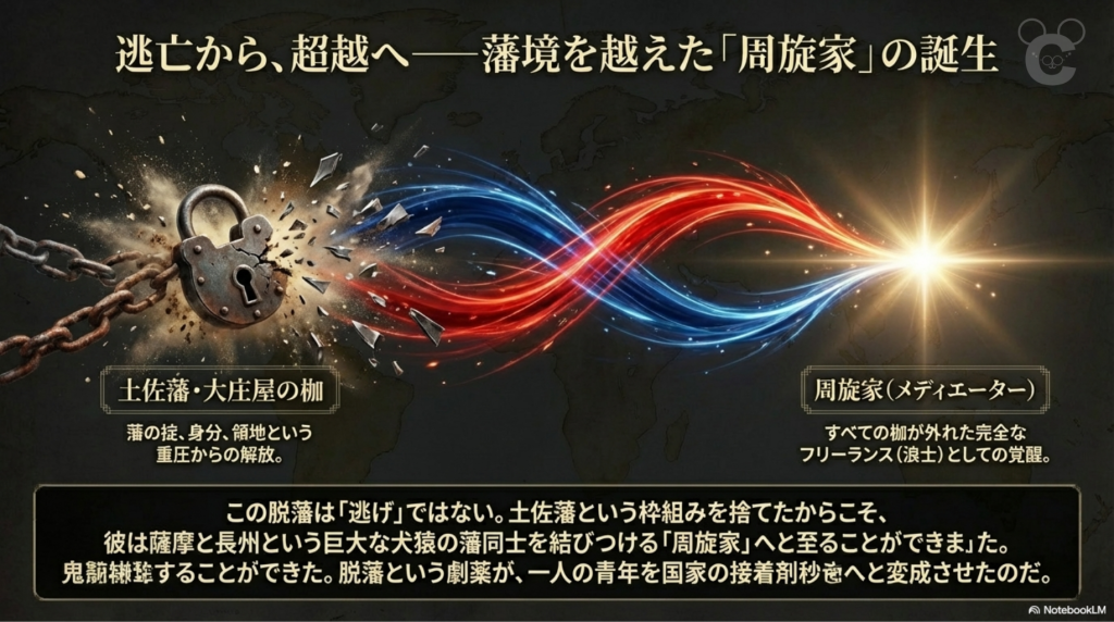 中岡慎太郎の脱藩を「周旋家(メディエーター)」への覚醒として描いた図解。土佐藩の掟や身分という「枷」が外れ、国家の接着剤へと変貌していく様子を、鎖が砕け飛ぶビジュアルで表現している。