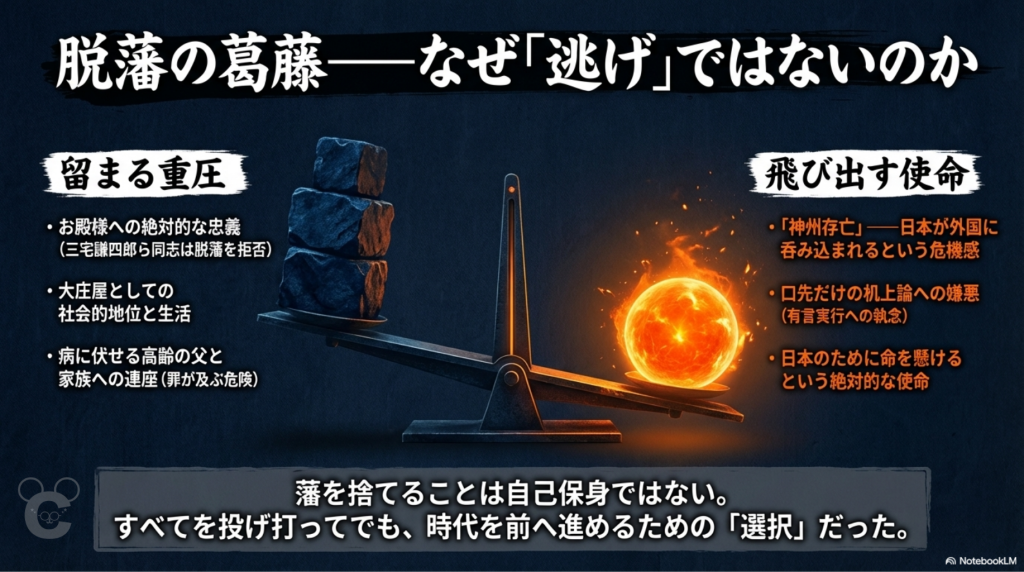脱藩を「逃げ」ではなく「選択」として描いた天秤の図解。左側に「留まる重圧(忠義・地位・家族)」、右側に「飛び出す使命(神州存亡・有言実行)」を置き、その決意の重さを対比。