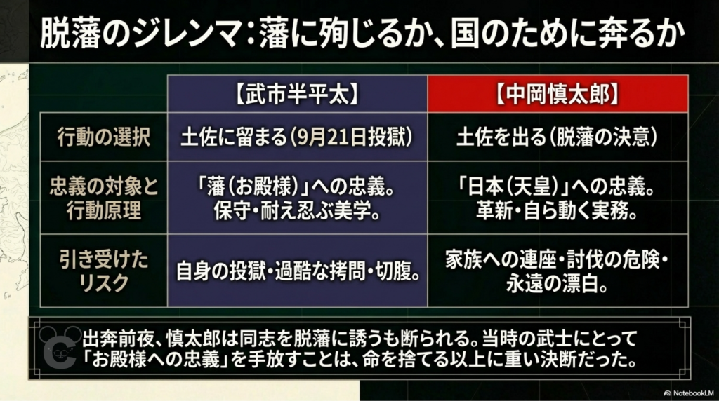 武市半平太と中岡慎太郎の行動原理を整理した対比表。藩に殉じる保守の美学(武市)と、国の為に奔る実務の革新(中岡)という、引き受けたリスクと選択の違いを詳細に解説。