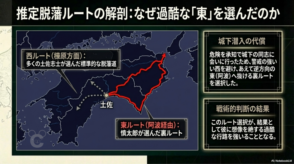 多くの志士が選んだ標準的な「西ルート」と、中岡が敢えて選んだ裏ルートである「東ルート」の比較マップ。城下の同志と接触するために戦術的に選んだ過酷な行程の理由を説明。