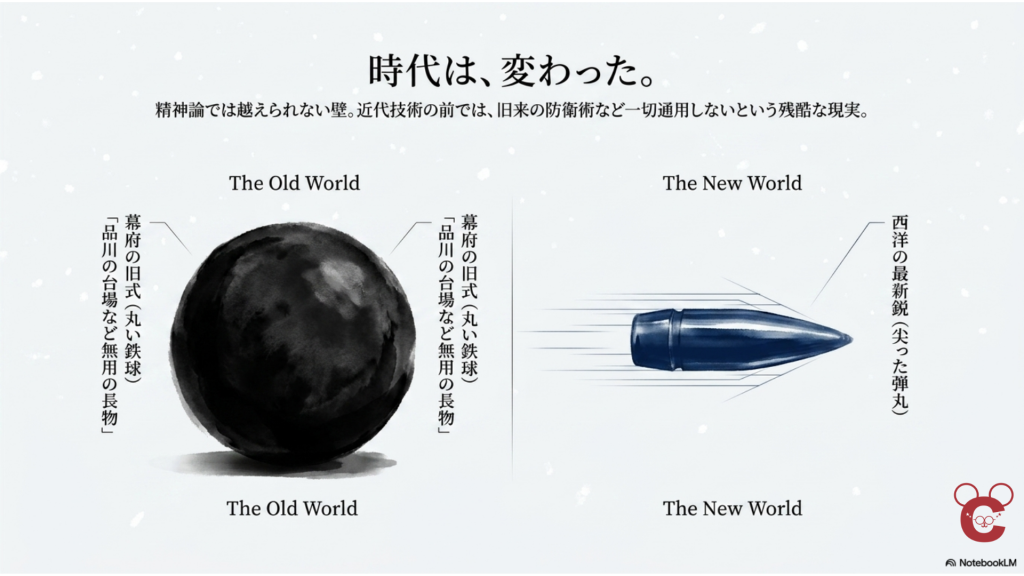 「時代は、変わった」。従来の丸い鉄球と、佐久間象山が示した最新の尖った弾丸が並ぶ図。背景には時代遅れの無用の長物と化した砲台の影が描かれている。