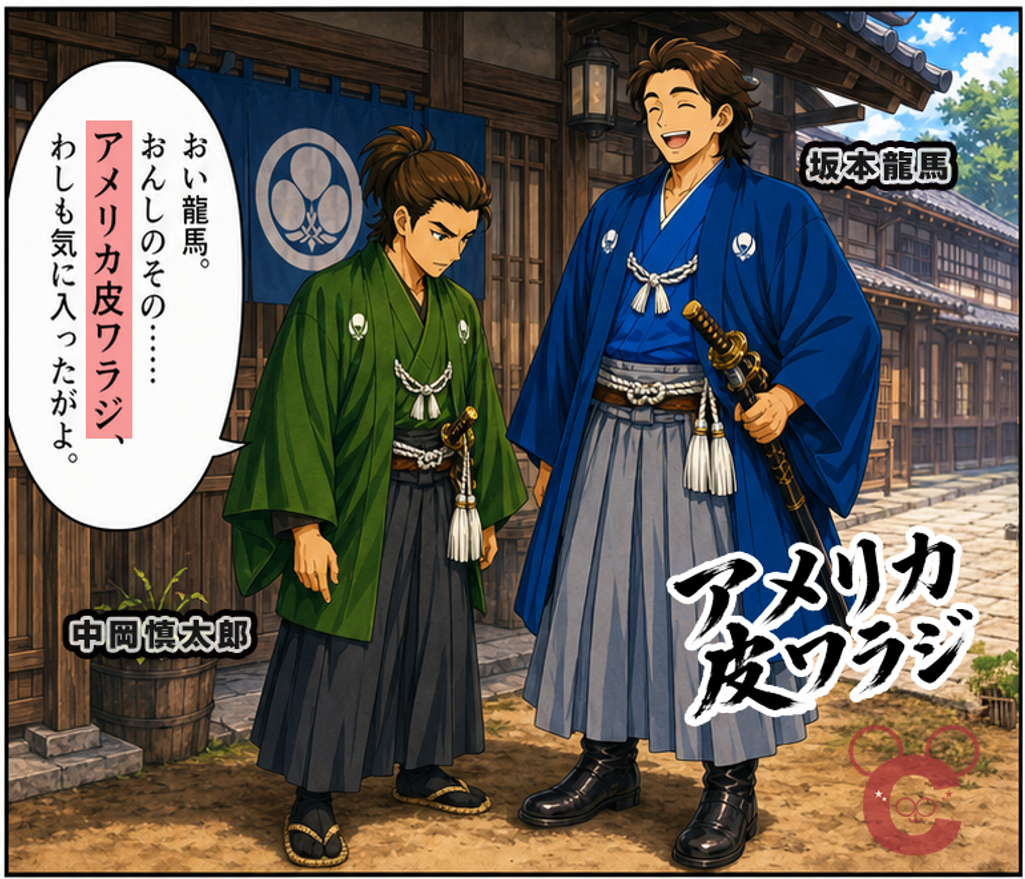 マンガ『アメリカ皮ワラジ』の1コマ目。高身長でブーツを履き、満面の笑みで立つ坂本龍馬と、頭一つ分ほど小柄で、龍馬の足元を見つめながら『おんしのその……アメリカ皮ワラジ、わしも気に入ったがよ』と大真面目に話しかける中岡慎太郎のイラスト。