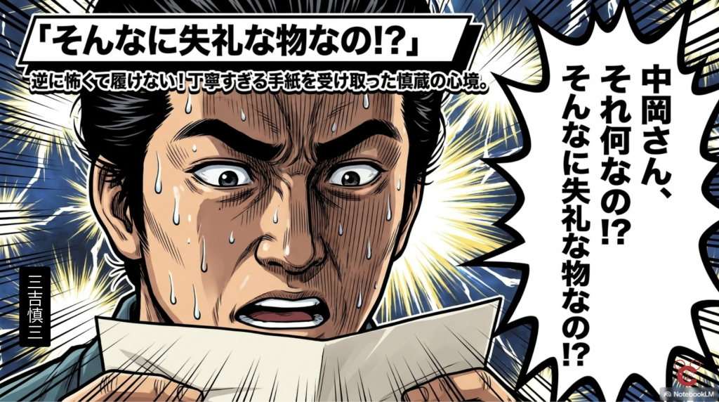中岡慎太郎から「アメリカ皮ワラジ」を預かった三吉慎蔵が、「そんなに失礼な物なの！？」と焦っている様子を描いたマンガ風イラスト。