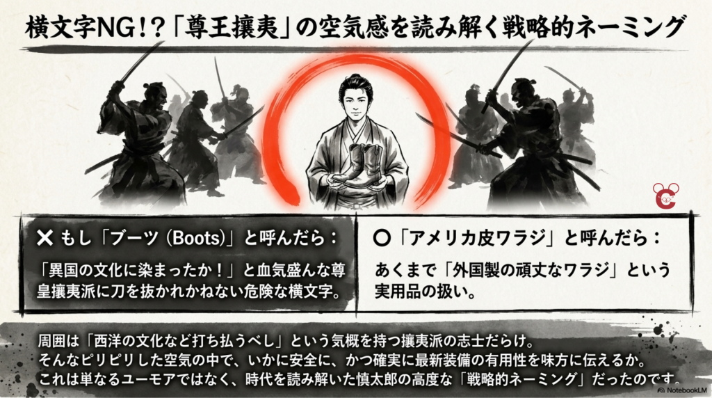 激しい攘夷の空気の中で、中岡慎太郎がブーツを持ちながら、「ブーツ」と呼ぶ場合と「アメリカ皮ワラジ」と呼ぶ場合の違いを解説したスライド。