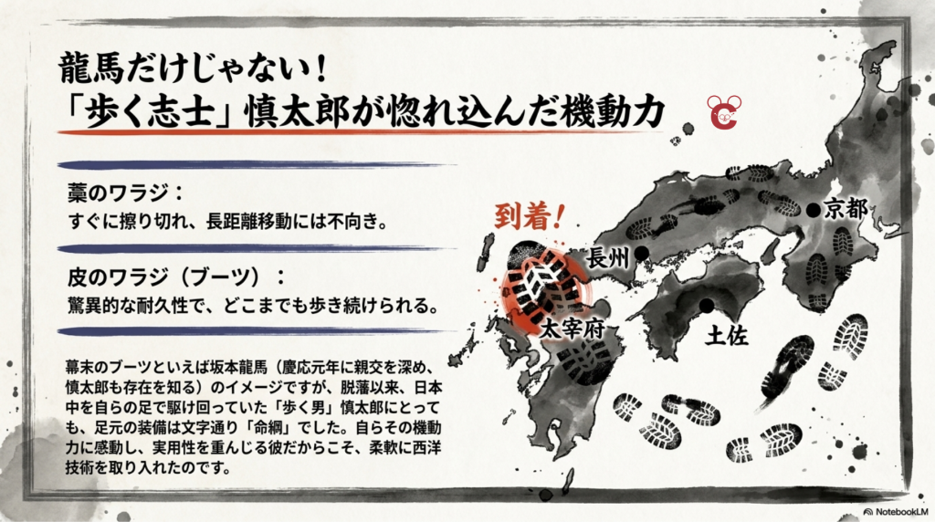 草鞋と皮のワラジ（ブーツ）の違いを説明し、西日本の地図に足跡を描きながら、中岡慎太郎が機動力に惚れ込んだ理由を解説したスライド。