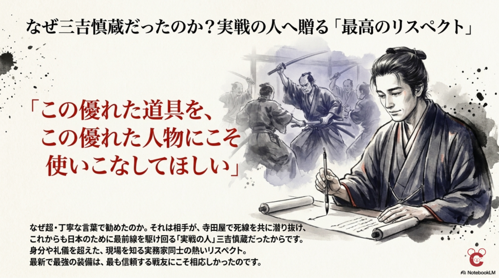 「この優れた道具を、この優れた人物にこそ使いこなしてほしい」という言葉とともに、三吉慎蔵への敬意を込めて手紙を書く中岡慎太郎を描いた墨絵風イラスト。
