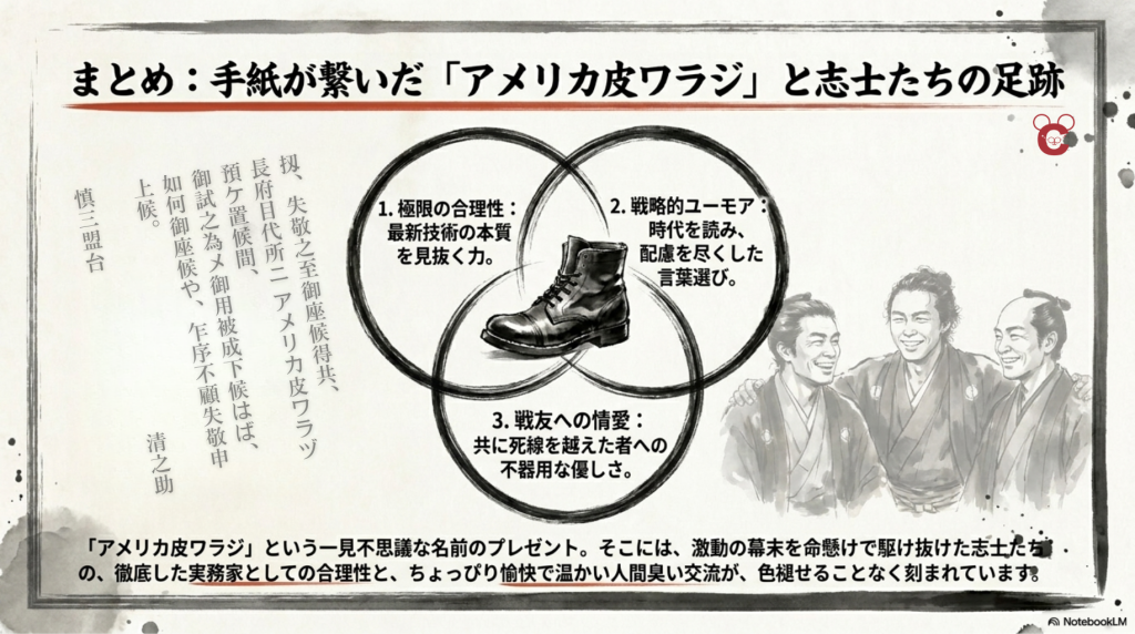 中岡慎太郎の手紙の原文、中央のブーツ、右側の中岡慎太郎・坂本龍馬・三吉慎蔵の笑顔を組み合わせて、「アメリカ皮ワラジ」の意味をまとめたスライド。