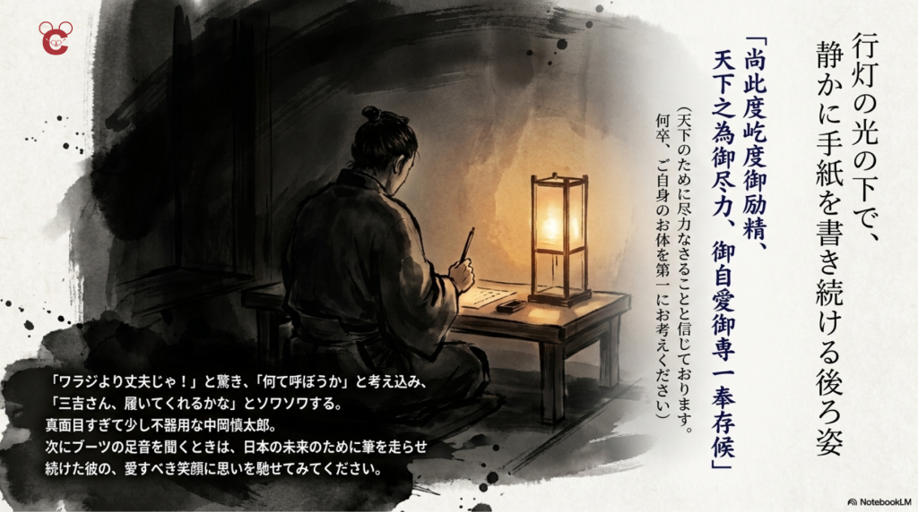 行灯の明かりの下で机に向かい、三吉慎蔵に宛てた手紙を書き続ける中岡慎太郎の後ろ姿と、手紙の抜粋を載せたイラスト。