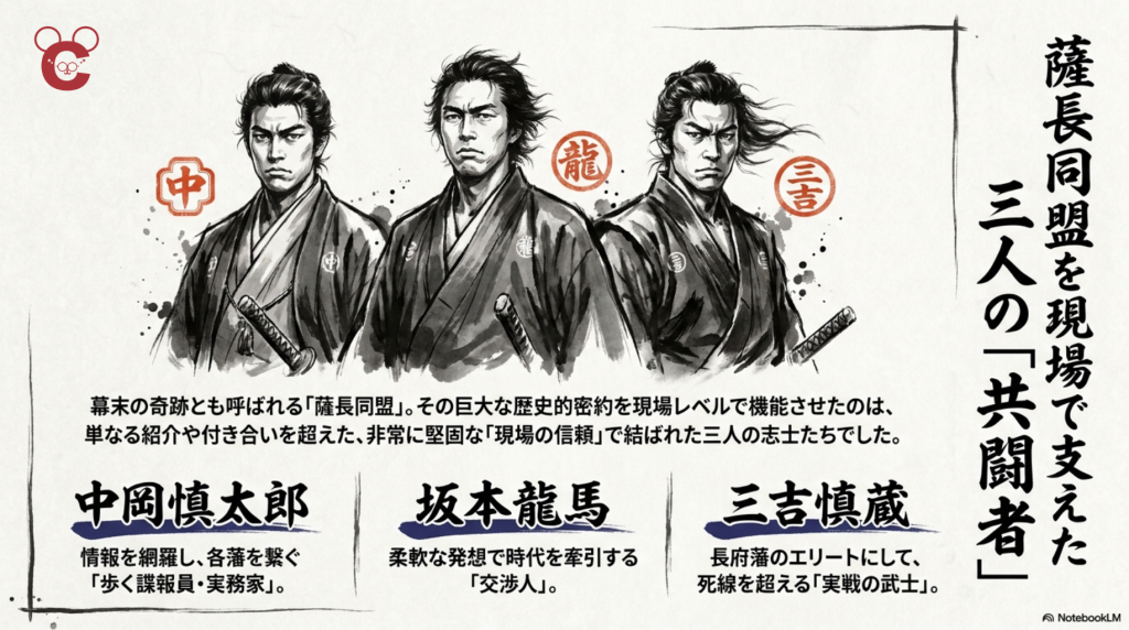 薩長同盟を現場で支えた中岡慎太郎・坂本龍馬・三吉慎蔵の三人が肩を並べて前を見据えるイラスト。