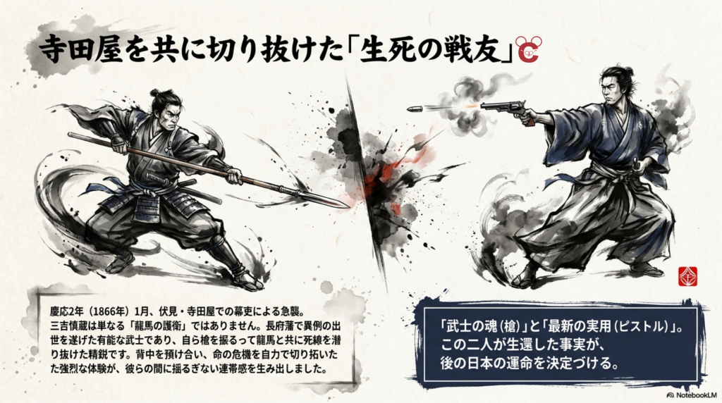 寺田屋事件をイメージし、槍を構える三吉慎蔵と、ピストルを撃つ坂本龍馬を描いたイラスト。