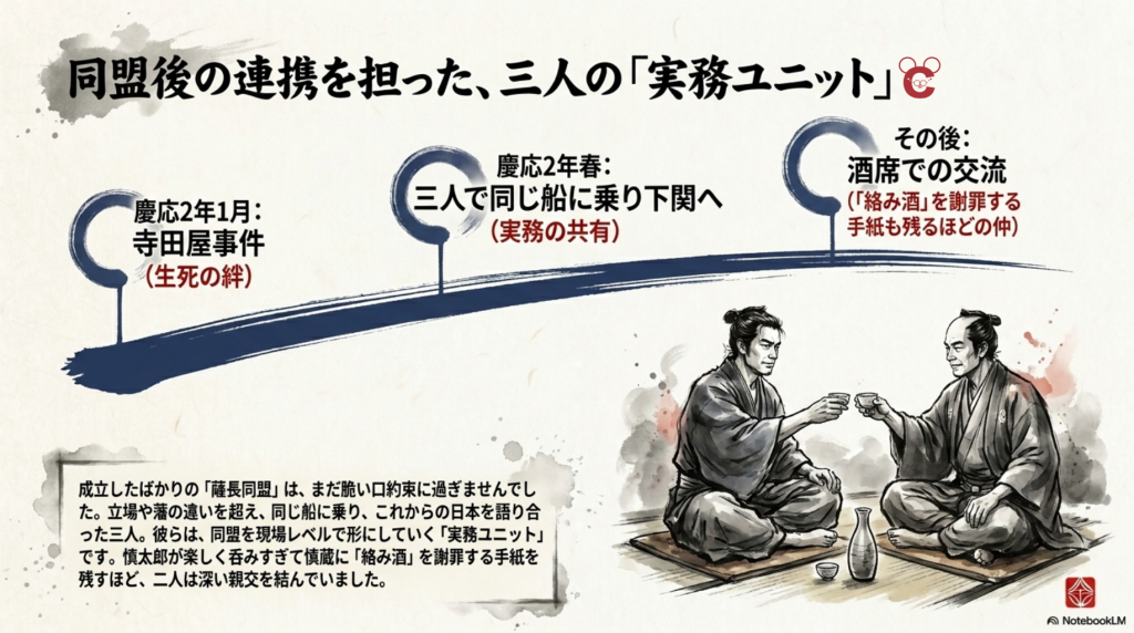 薩長同盟後の連携を担った中岡慎太郎・坂本龍馬・三吉慎蔵の関係を説明し、酒を酌み交わす三吉慎蔵と慎太郎を描いたスライド。