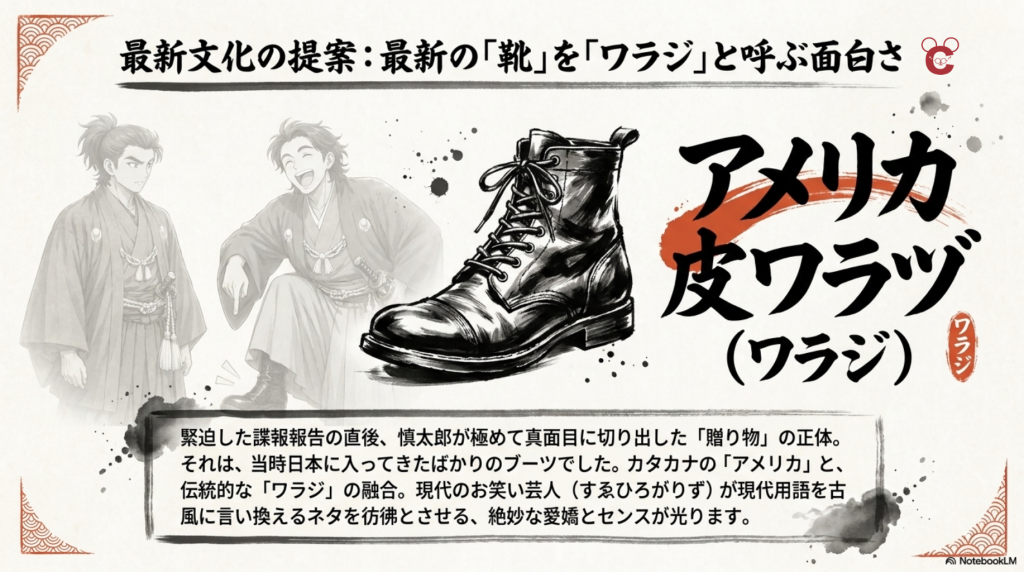 大きなブーツのイラストと「アメリカ皮ワラジ」の文字を中心に、最新の靴を「ワラジ」と呼ぶ面白さを解説したスライド。