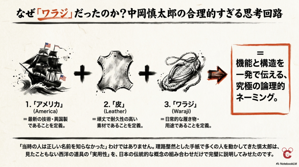 「アメリカ」「皮」「ワラジ」の三要素をイラスト付きで示し、中岡慎太郎の合理的なネーミング感覚を解説したスライド。