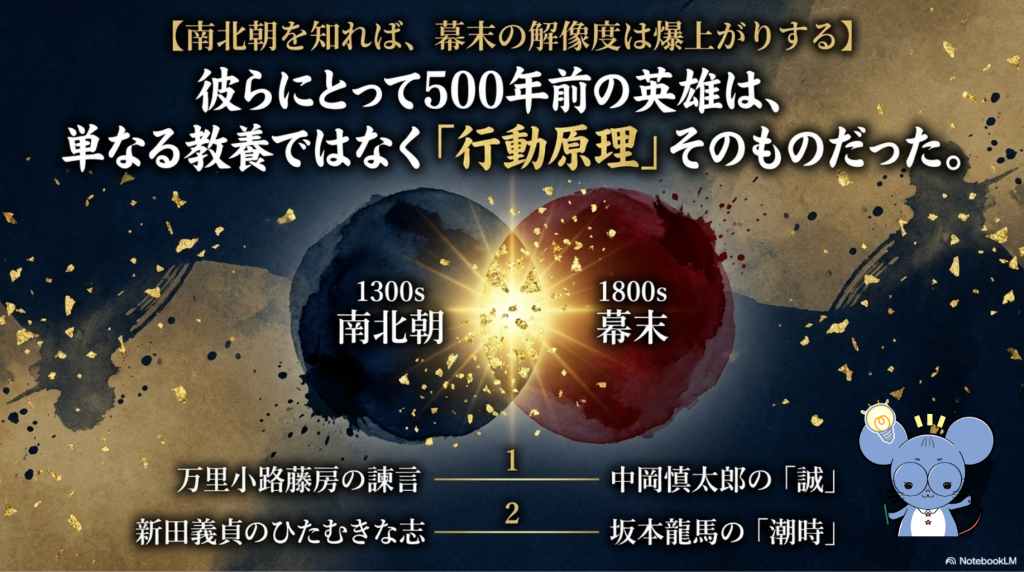 「南北朝時代を知れば幕末の解像度が爆上がりする」と題されたスライド。幕末の志士たちの行動原理が、南北朝時代の忠臣たちの生き様（楠木正成や新田義貞など）にあったことを説明する図解。