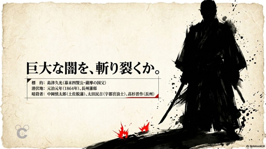 島津久光襲撃計画を「巨大な闇を斬り裂くか」という言葉と侍のシルエットで表現した図解画像