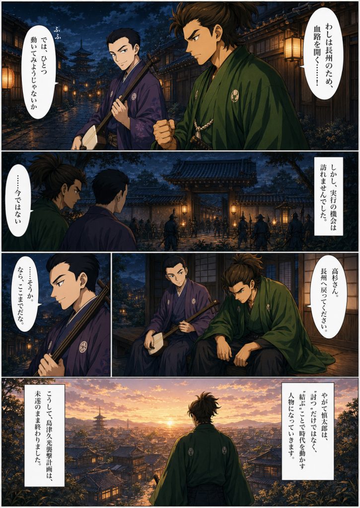中岡慎太郎と高杉晋作が島津久光襲撃の機会をうかがうも未遂に終わり、慎太郎が後に結ぶ人物へ変わっていく様子を描いたマンガ