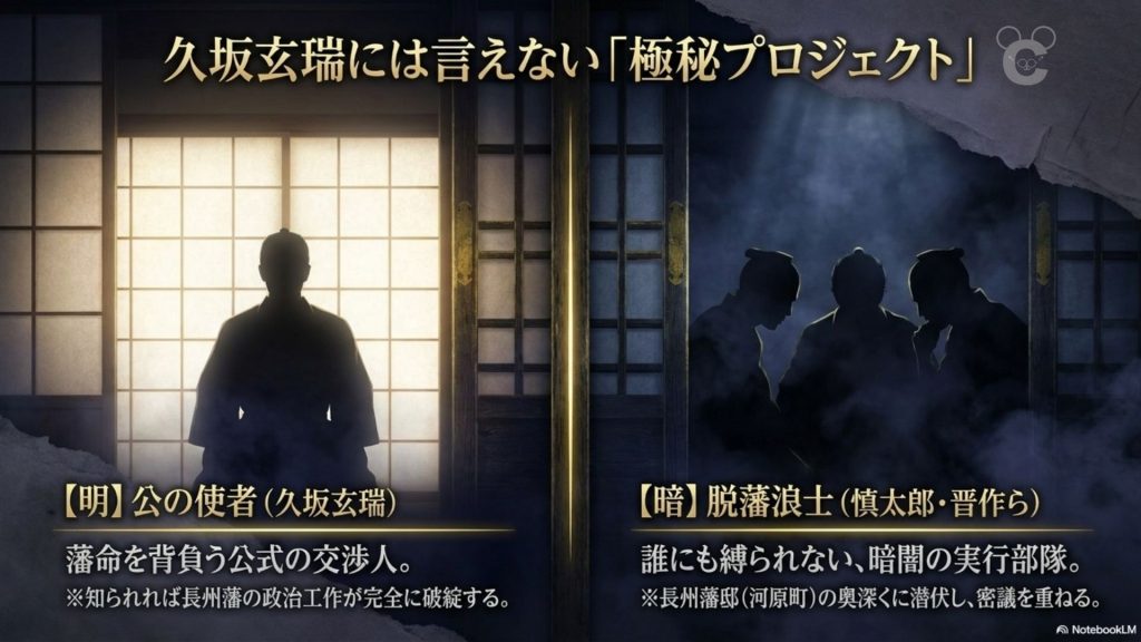 久坂玄瑞には知らされなかった島津久光襲撃計画を、公の使者と脱藩浪士の対比で解説する図解画像