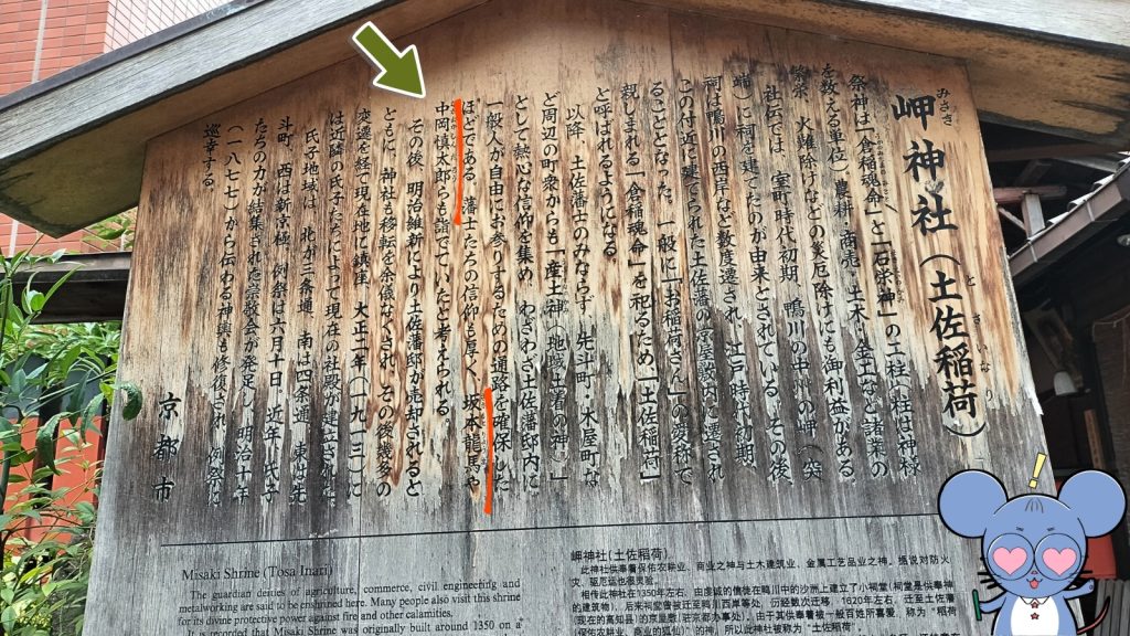京都の岬神社（土佐稲荷）の案内看板のクローズアップ写真。坂本龍馬や中岡慎太郎も詣でたという記述が赤線と矢印で強調されており、右下にはキャラクター「ちゅう乃」が描かれている。