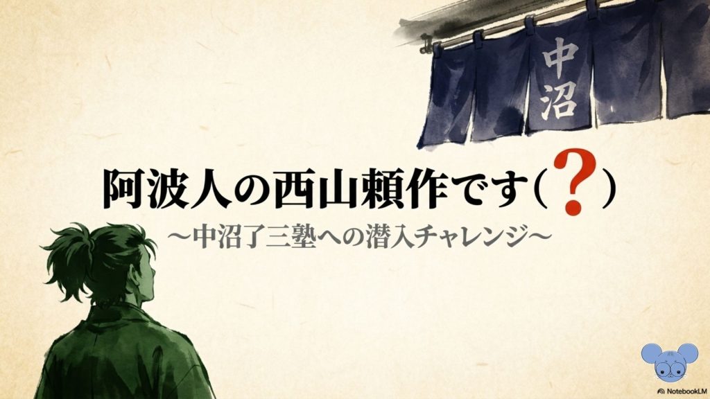 阿波人の西山頼作と名乗り中沼了三塾へ潜入しようとする中岡慎太郎のイメージイラスト