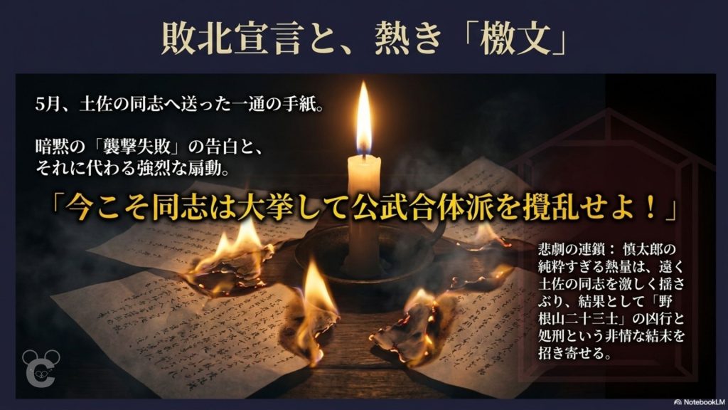 中岡慎太郎が土佐の同志へ送った檄文を、燃える手紙と蝋燭で表現した図解画像
