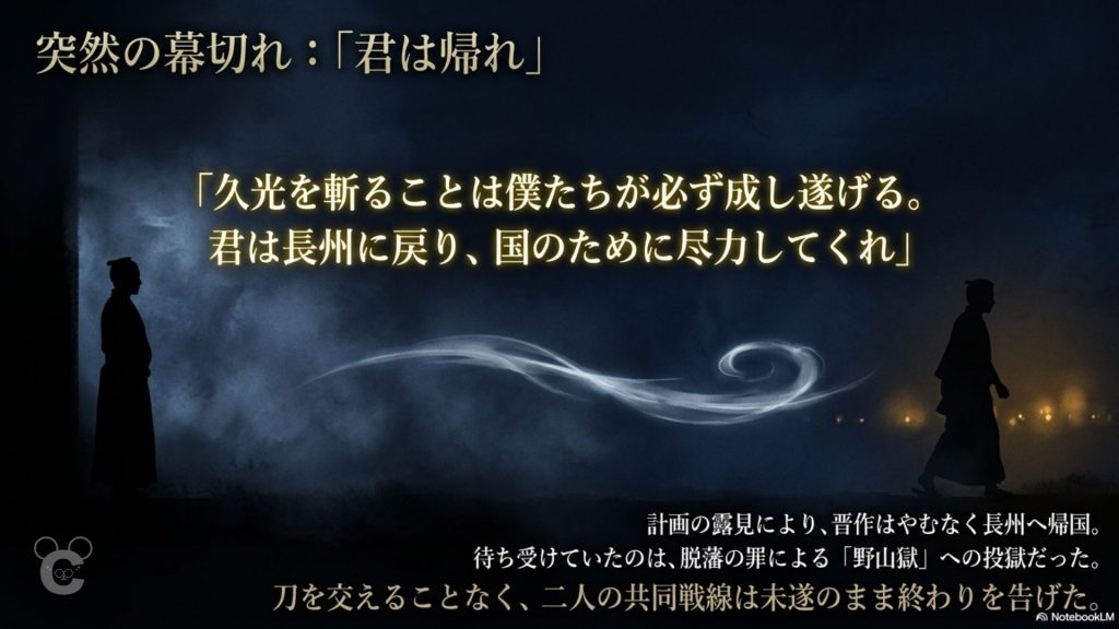 中岡慎太郎たちが高杉晋作に長州への帰国を促し、島津久光襲撃計画が未遂に終わる場面を表した図解画像