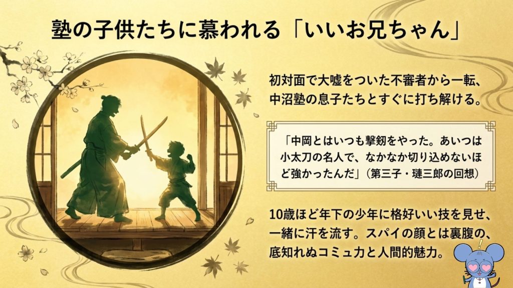 中沼了三塾で中岡慎太郎が中沼家の子どもたちと撃剣を通じて交流していたことを紹介する解説画像