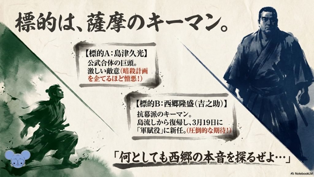 中岡慎太郎が薩摩のキーマンとして島津久光と西郷隆盛に注目したことを説明する図解画像