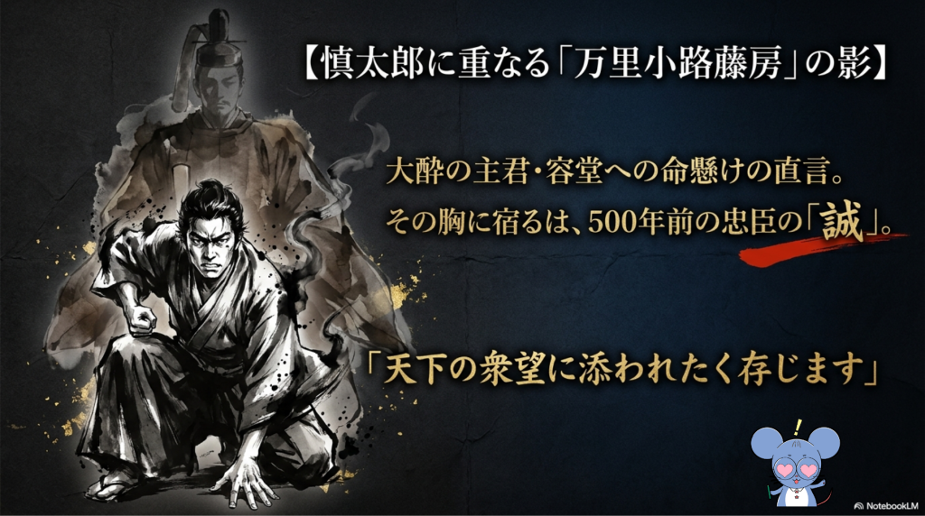 中岡慎太郎の背後に南北朝の忠臣・万里小路藤房の影が重なるイメージイラスト。維新土佐勤王史に記された慎太郎の進言「天下の衆望に添われたく存じます」という文字が描かれている。