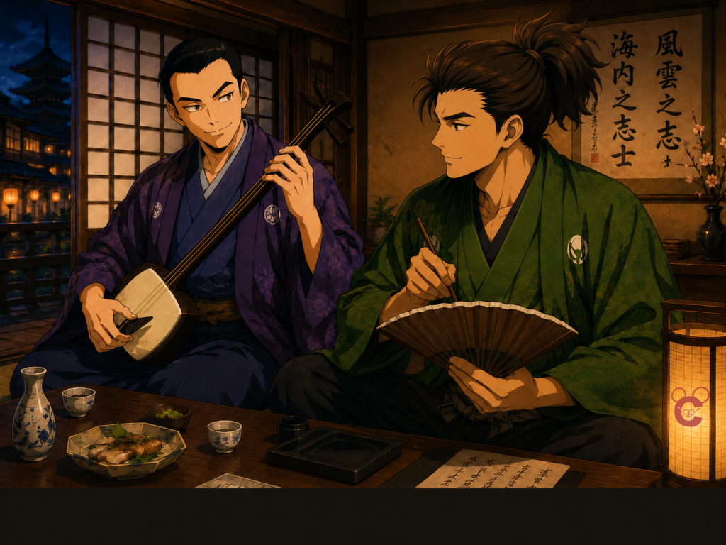 高杉晋作と中岡慎太郎の親交をイメージしたアニメ風イラスト。慎太郎は晋作の漢詩を扇子に書き写して大切に持っていたといわれます。