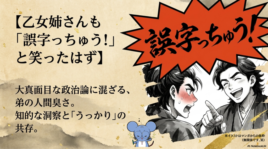 坂本龍馬の人間臭い魅力を紹介するスライド。大真面目な政治論を綴った「ねぶとの手紙」の肝心なところで、新田義貞の名前を「新田つねただ」と誤字ったエピソードを解説。それを見た乙女姉さんが呆れて笑ったであろう微笑ましい光景を想像させる内容。