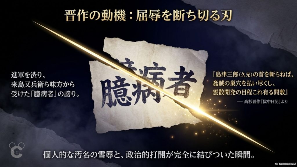 高杉晋作が島津久光襲撃計画に乗った動機を「臆病者」の汚名返上と政治的打開から解説する図解画像