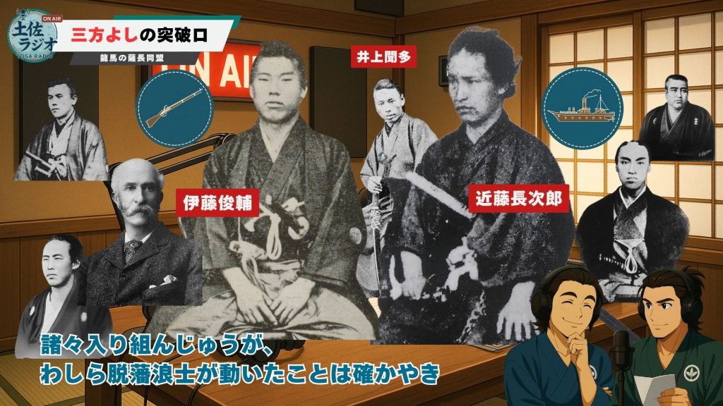土佐ラジオの画面で、薩長同盟における三方よしの突破口として、伊藤俊輔・井上聞多・近藤長次郎らと銃・船のアイコンを示している