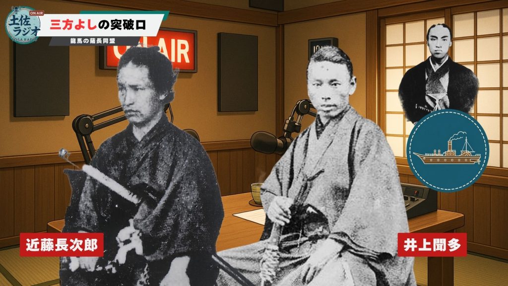 近藤長次郎と井上聞多を中心に、軍艦ユニオン号の取得をめぐる薩長同盟の舞台裏を示した土佐ラジオのスライド