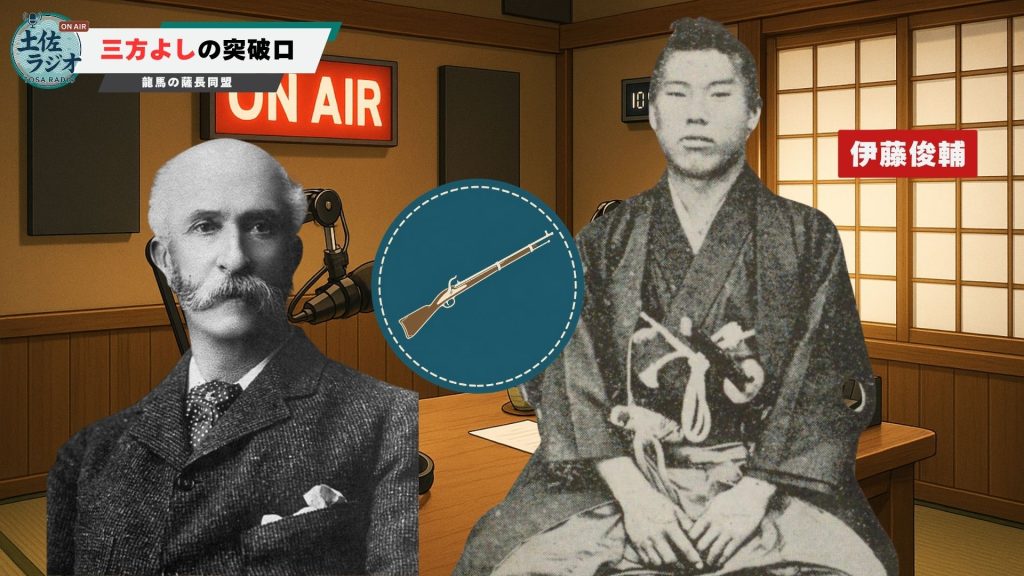 長州の伊藤俊輔が武器調達に関わったことを示す土佐ラジオのスライド。グラバーと銃のアイコンが配置されている