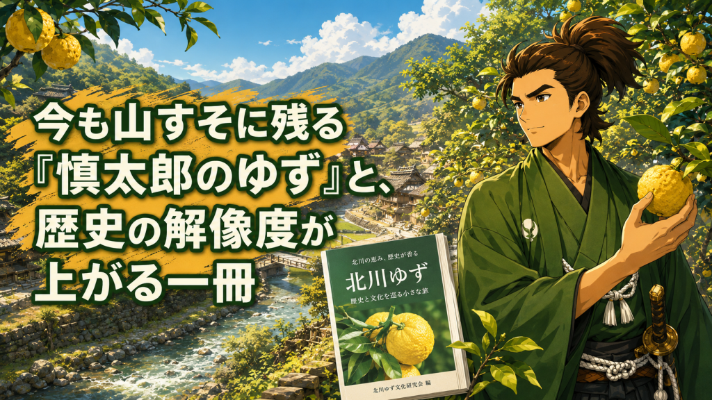北川村の山すそに残る実生ゆずと、ゆずを手にした中岡慎太郎、北川村とゆずの歴史を紹介する冊子のイメージイラスト
