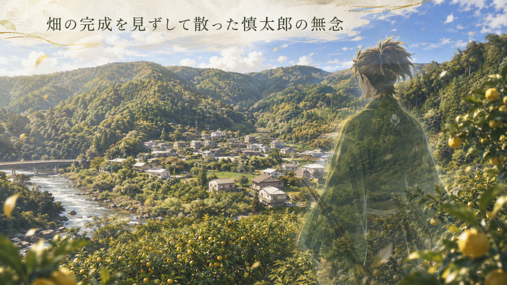 現代の北川村に広がるゆず畑を、透けるような後ろ姿で静かに見つめる中岡慎太郎のイメージイラスト