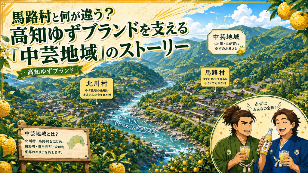 北川村と馬路村を中心とする高知県東部の中芸地域、奈半利川、ゆず畑と、ゆずジュースを楽しむ中岡慎太郎と坂本龍馬のイラスト