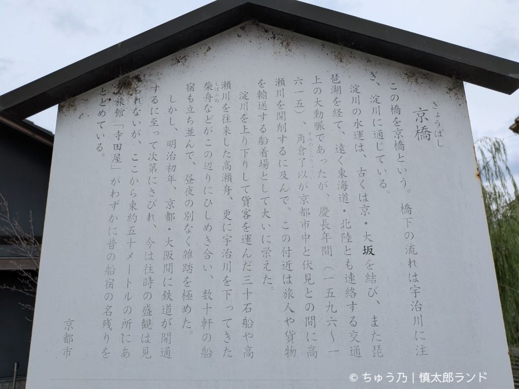 京都・伏見の京橋について、水運や旅籠寺田屋との関わりを説明する案内板