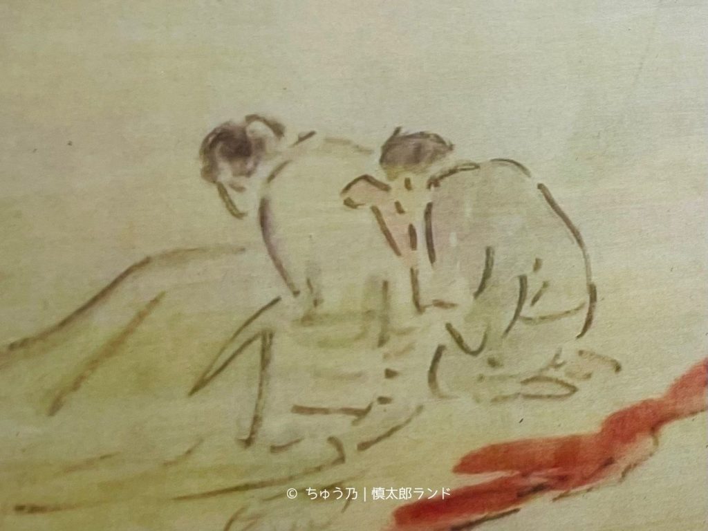 岩倉具視と従者の西川が並ぶ様子を描いた展示資料