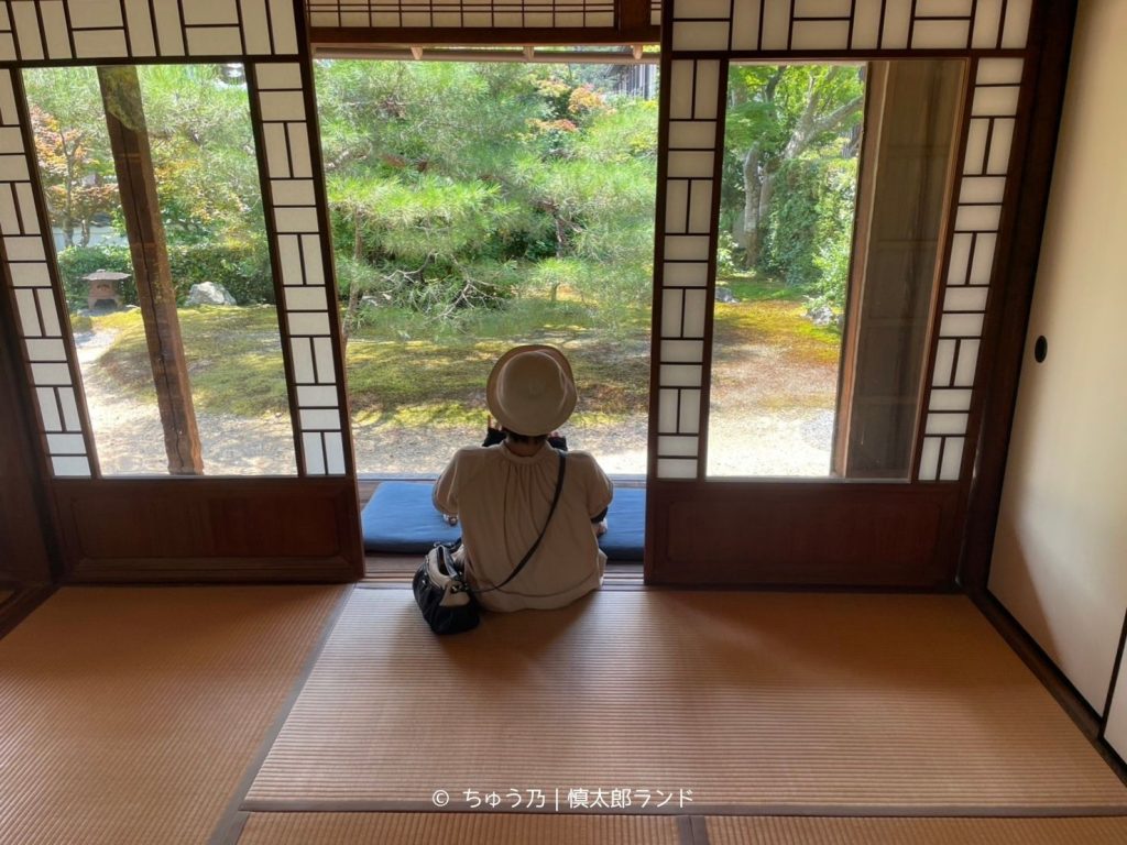 岩倉具視幽棲旧宅の座敷から縁側と庭を眺める様子
