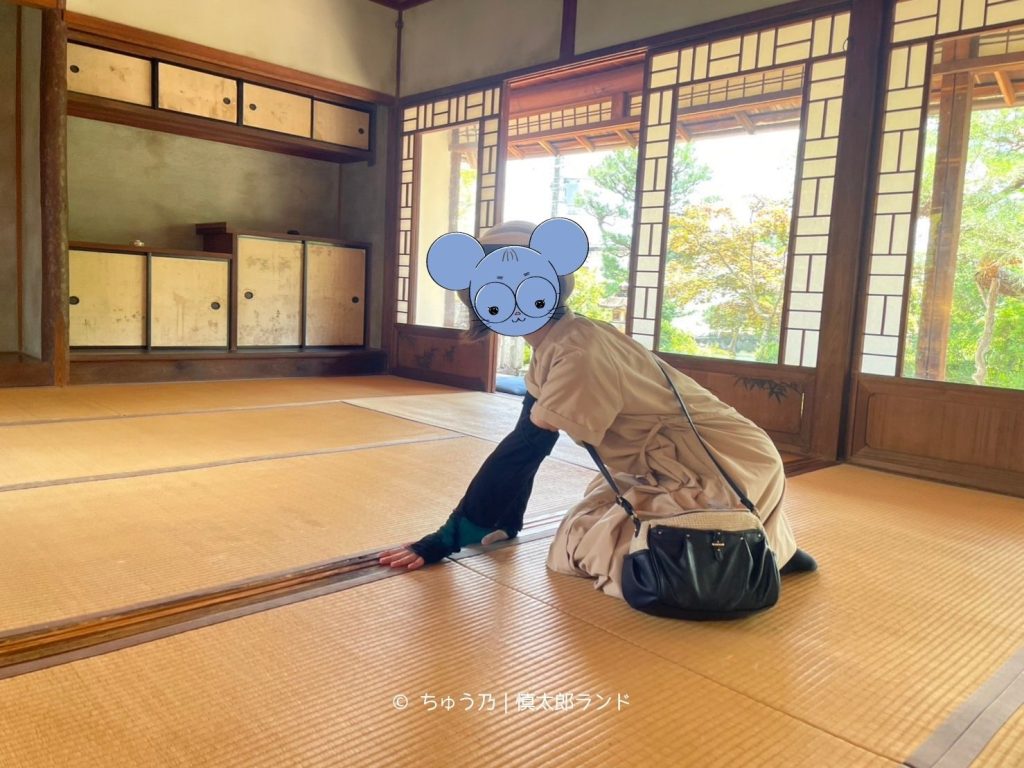 岩倉具視幽棲旧宅の座敷で敷居に手を触れる様子