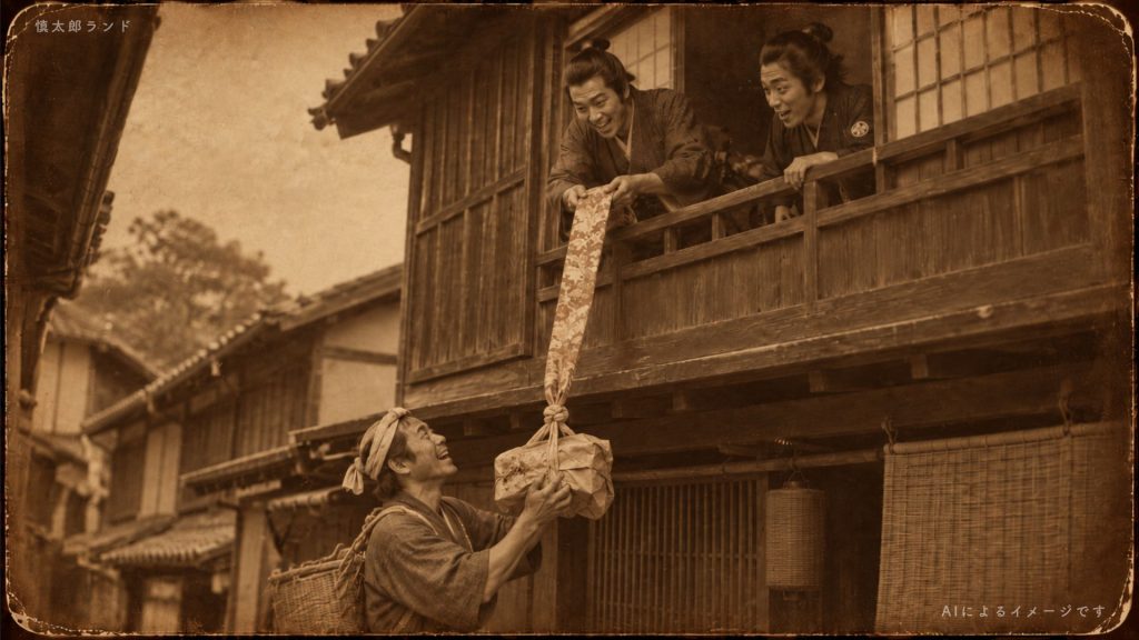 窓から帯を吊るし、村人から牛肉を買う陸援隊士たちを再現したAIイメージ