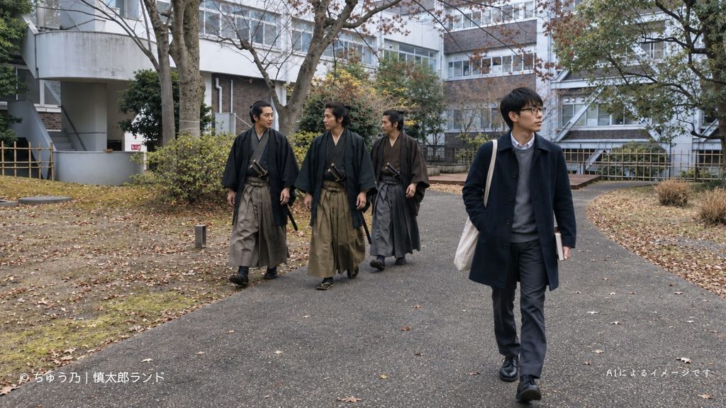 京都大学北部構内を歩く現代の学生と、その背後を歩く陸援隊士をイメージしたAI生成画像