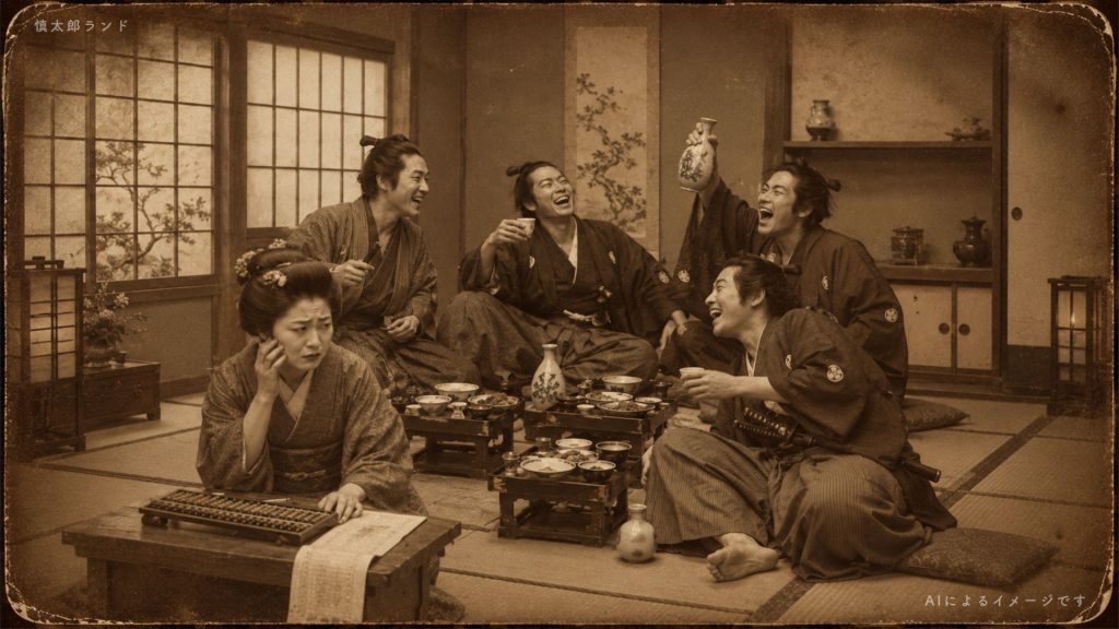 先斗町で酒盛りする陸援隊士たちと、困った様子の店の女将を描いたAIイメージ